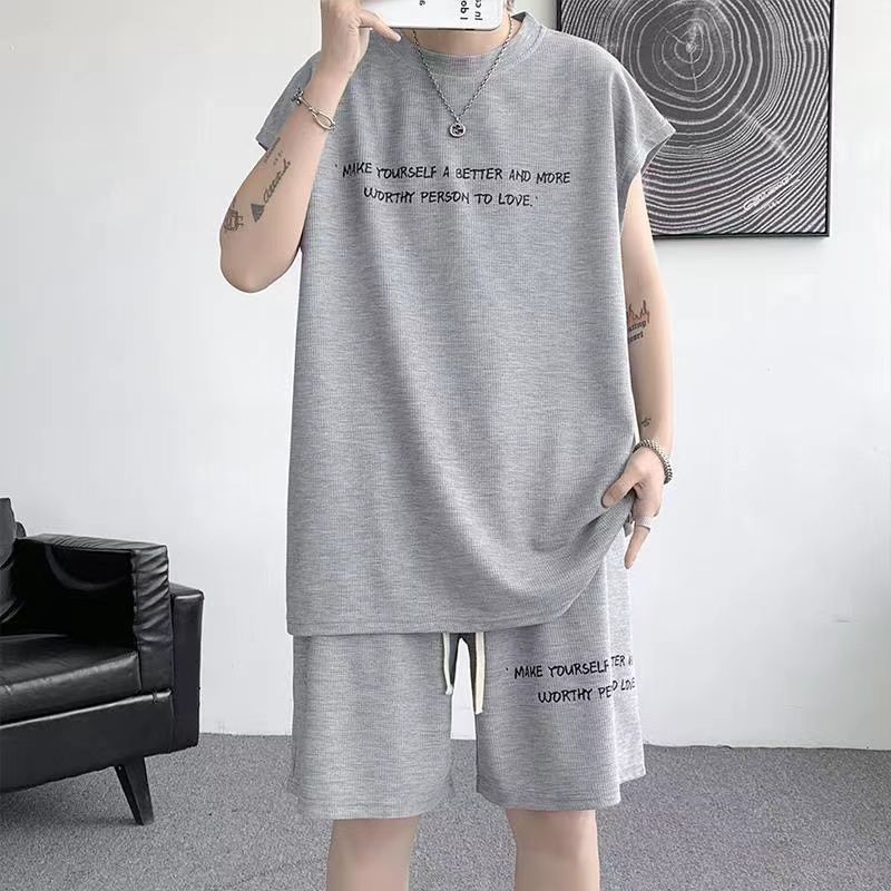 Summer new plus size men's sports suit Waffle trendy sleeveless vest t-shirt versatile casual two-piece set 12_voghion.com