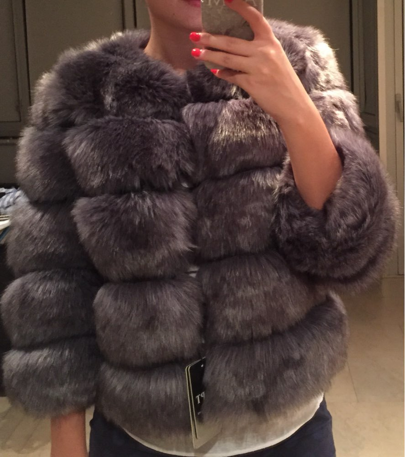 Women's fashion faux fox fur coat short round neck fur slim-fit top_voghion.com