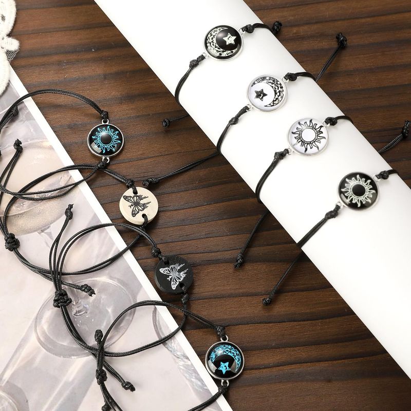 2Pcs Romantic Couple Butterfly Sun Moon Lovers Charm Adjustable Glow In The Dark Woven Bracelet_voghion.com