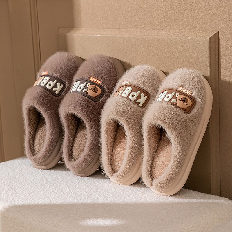 Herbst und Winter für Damen, dicke Sohle für drinnen und draußen, mit Fleece gefüttert, warm, süßer Bärenpaar-Stil, flauschige Baumwollpantoffeln_voghion.com