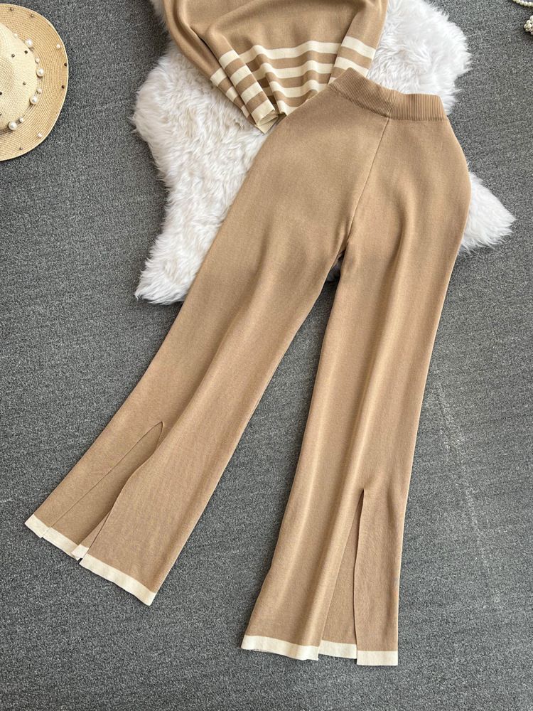 2024 Nuevo traje de moda para mujer primavera estilo coreano cuello en V suelto contraste de color tejido de dos piezas cintura alta pantalones de pierna ancha_voghion.com