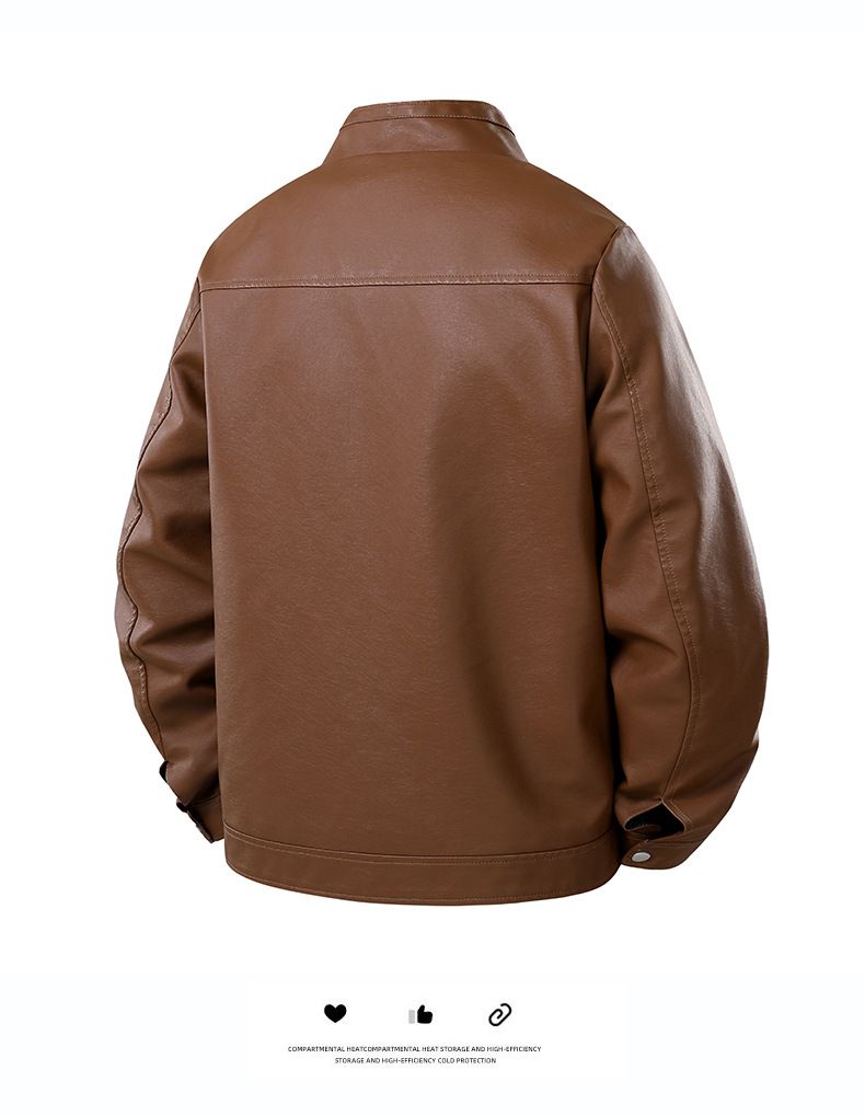 Chaqueta de cuero sintético para hombre, estilo motero retro, entallada, con cuello alto y cremallera, informal, para primavera y otoño._voghion.com