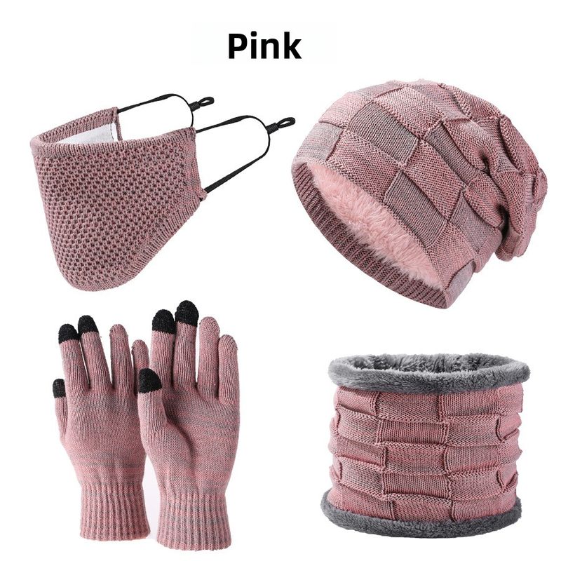 Set di quattro pezzi di cappello, sciarpa, maschera, guanti, caldo e spesso, per uomo e donna, invernale_voghion.com