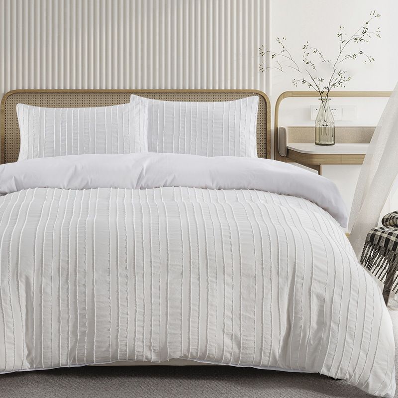 Flauschiger Bettbezug mit Blumenstreifen, weiße vertikale Streifen, Bettbezug, Bettwäsche, dreiteiliges Set_voghion.com