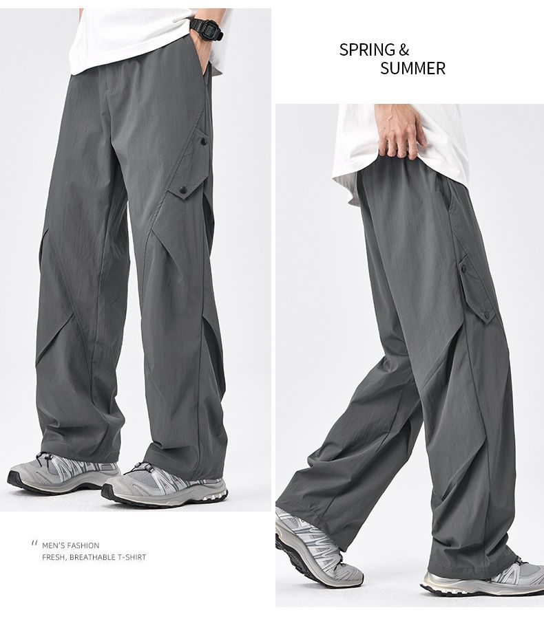 Shanshao Clothing Ice Silk Quick-Dry Cargo Pants For Men Summer Thin Loose Design Straight-Leg Trousers Wide-Leg_voghion.com