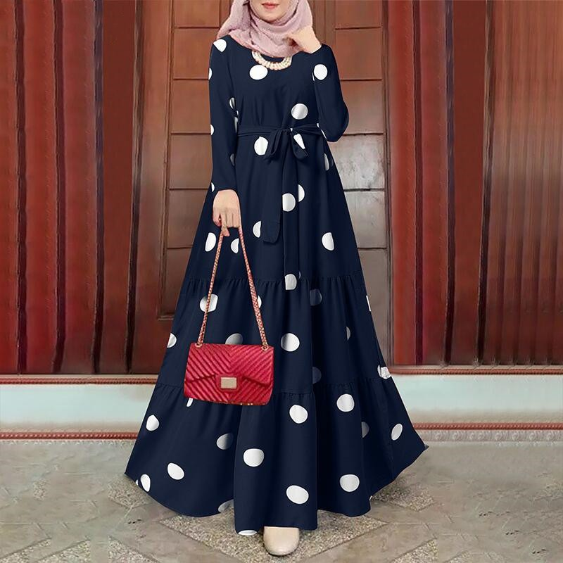 Women's Dresses Vintage Polka Dot Print Kaftan Long Dress Islamic Muslim Clothing_voghion.com