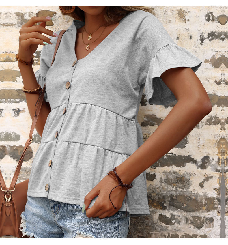 Solid Color Pullover Loose V-neck Ruffled Short-sleeved T-shirt_voghion.com