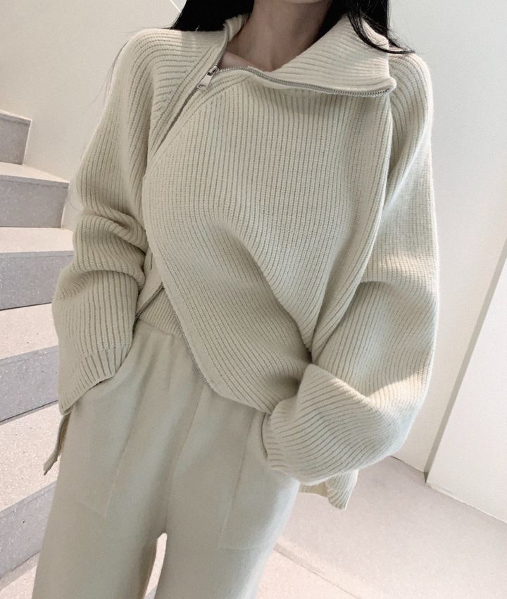 Damenbekleidung High Neck Zip-Up Strickpullover Winter Oversize Pullover Chic Casual White Cropped Top_voghion.com