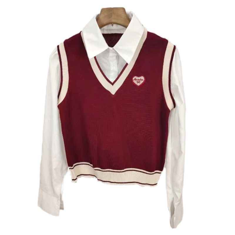 Autumn and Winter 2024 New Korean Academy Style Polo Collar Shirt Splicing Two Piece Vest Long Sleeve Top for Women_voghion.com