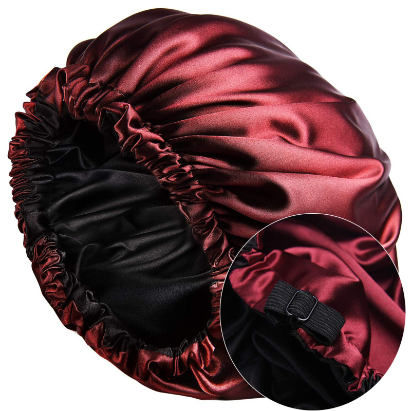 Berretto da notte in seta da donna, berretto nero in raso riccio, fibbia giapponese, regolabile, traspirante, caldo, rotondo_voghion.com