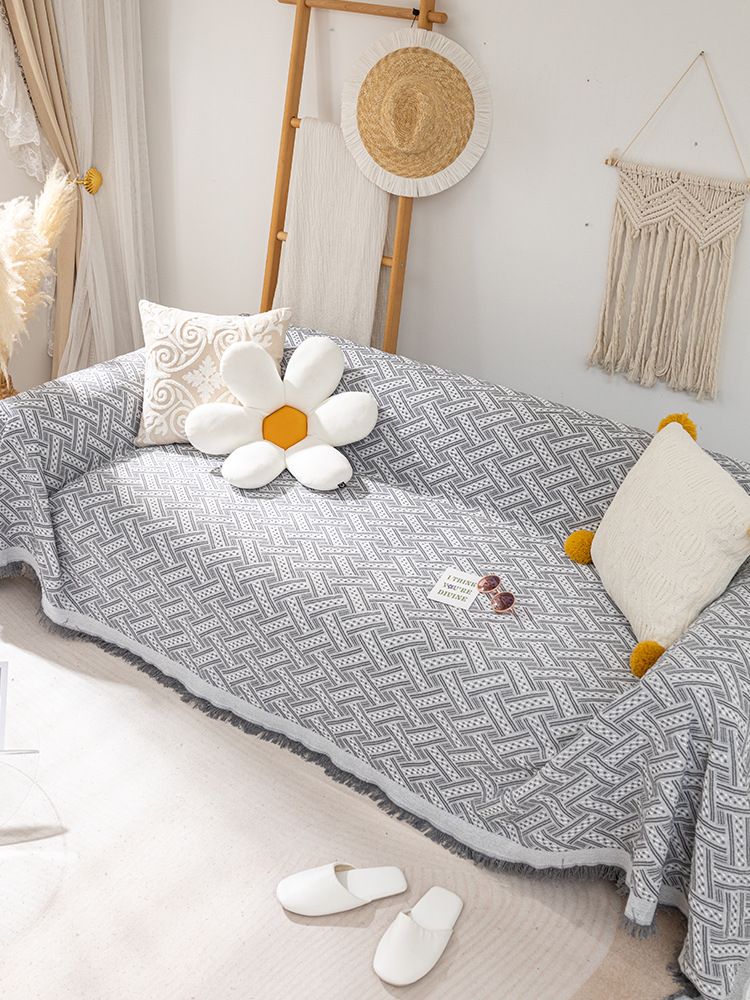 Nordic Style Reversible Sofa Cover – Stretchable Knit Throw Blanket For Sectional Couches, Dual-Sided Geometric & Solid Colors (90x90cm To 180x380cm)_voghion.com
