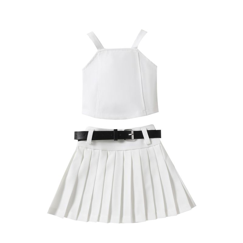 Summer children's solid color suspender wrap vest pleated short skirt belt trendy girl set_voghion.com
