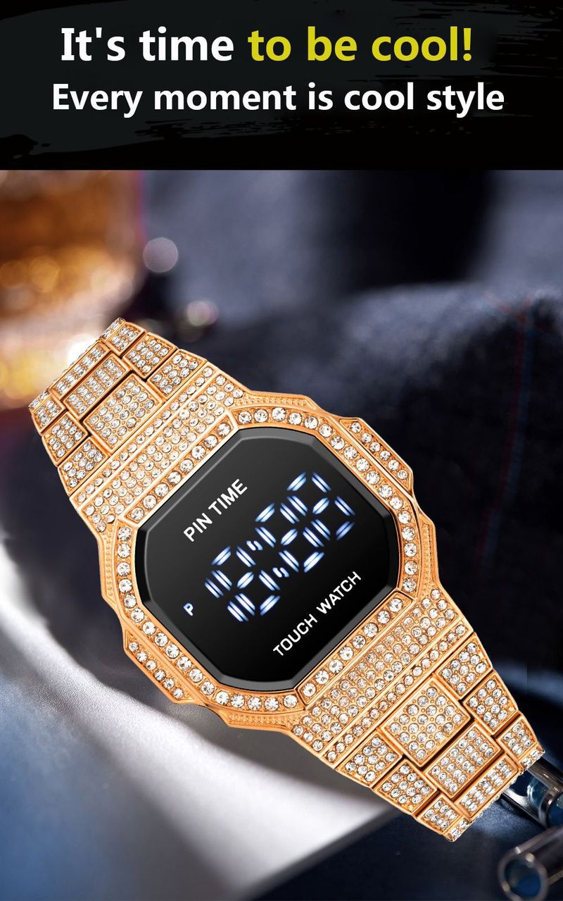 Men's Digital Quartz Watch With Diamond Accents - Waterproof Business Casual Wristwatch - Slim Square Dial (37mm) - Rose Gold/Silver/Black_voghion.com