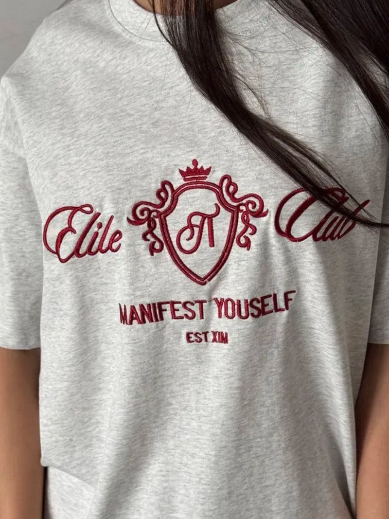 Damenbekleidung T-Shirt Tops Für Frauen Im Sommer Freizeit Lazy Letters Stickerei Drop Shoulder Rundhalsausschnitt Kurze Ärmel Für Frauen_voghion.com