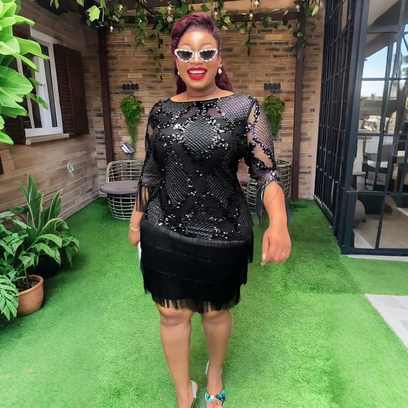 Sequin Fringe Bodycon Dress For Women – Elegant Party Midaxi Dress With Flowy Sleeves, Plus Size Available (Black/Purple/Green)_voghion.com