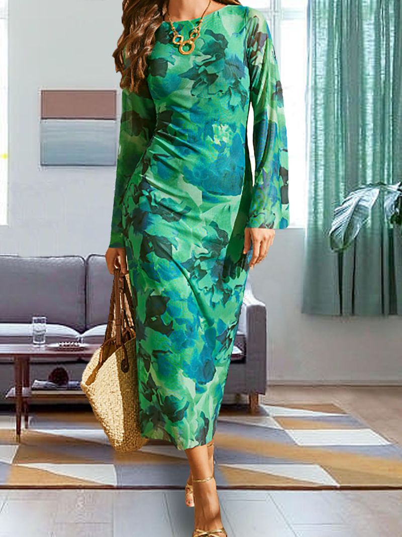 Elegantes, muslimisch inspiriertes Vintage-Kleid mit Batikmuster und langen Ärmeln – schmale Passform, vielseitig für den Alltag und besondere Anlässe (Smaragdgrün, S-XXL)_voghion.com