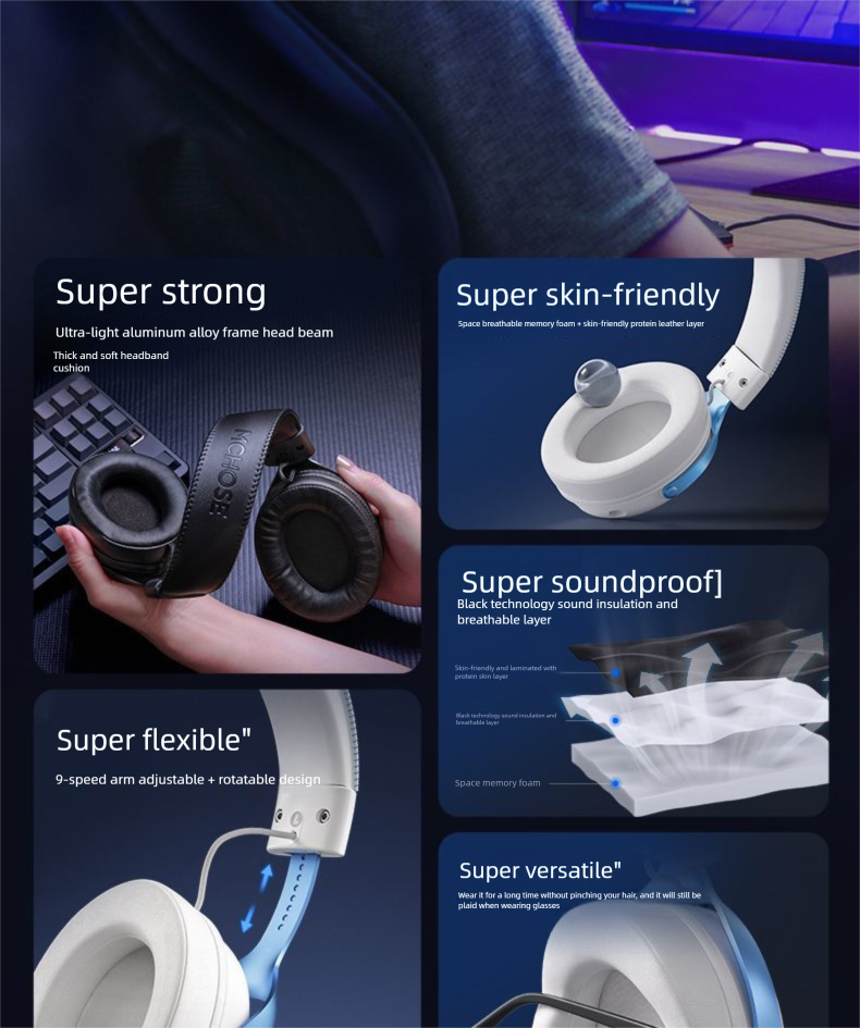 Cuffie da gioco MCHOSE V9 Pro Over-Ear Tri-Mode Bluetooth per computer con microfono Wireless USB 7.1_voghion.com