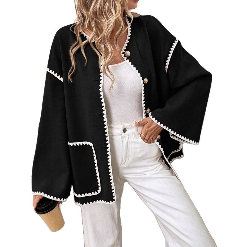 Women's Casual Wool Blend Button Front Jacket With Double Pockets, Loose Fit, Autumn Winter Coat_voghion.com