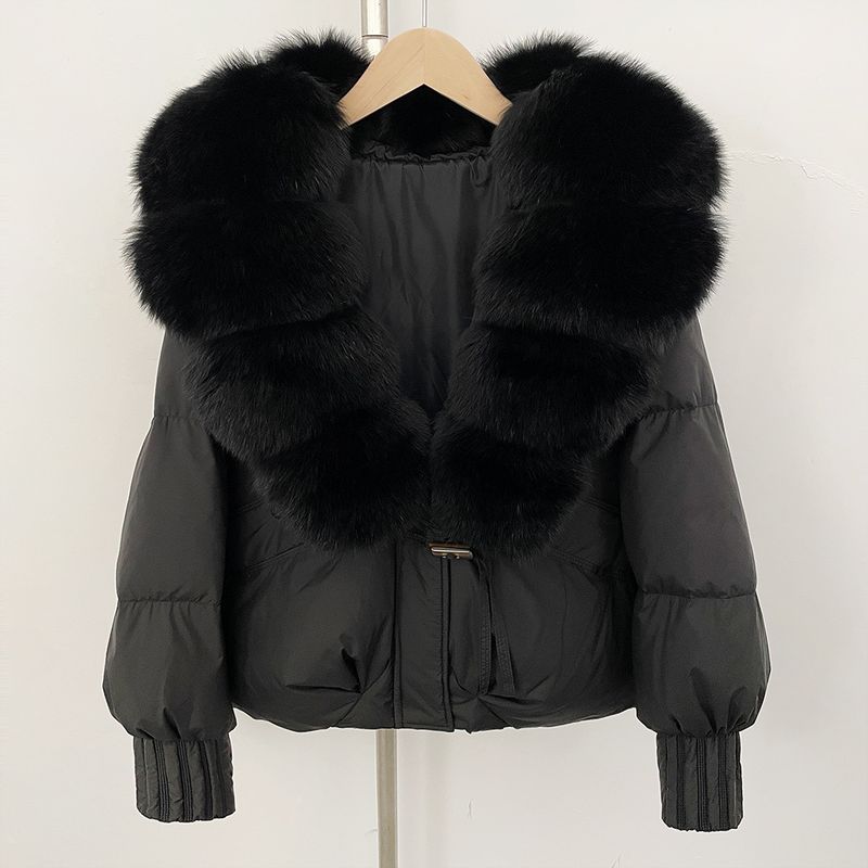 Luxury Oversized Fox Fur Trim Short Down Jacket For Women - Winter Warm Coat With Detachable Hood, 90% White Duck Down, Loose Fit, Stylish_voghion.com