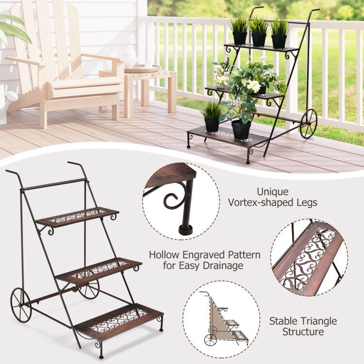 3-Tier Metal Plant Stand with Wheels and Handle for Balcony_voghion.com