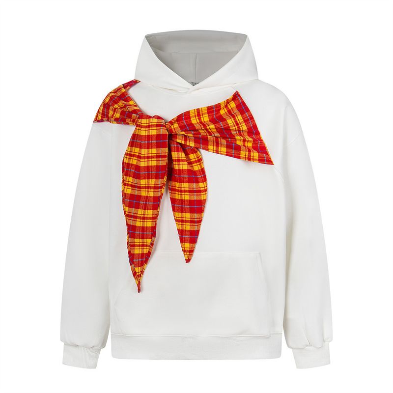 Felpa con cappuccio patchwork a quadri con lacci e farfalle, stile americano, marchio alla moda da uomo, design casual e ampio_voghion.com