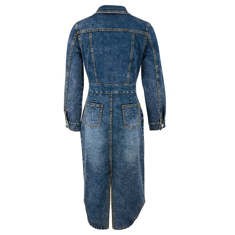 Damenbekleidung Reversknopf Langarm Schlitz Neues langes Denim-Kleid_voghion.com