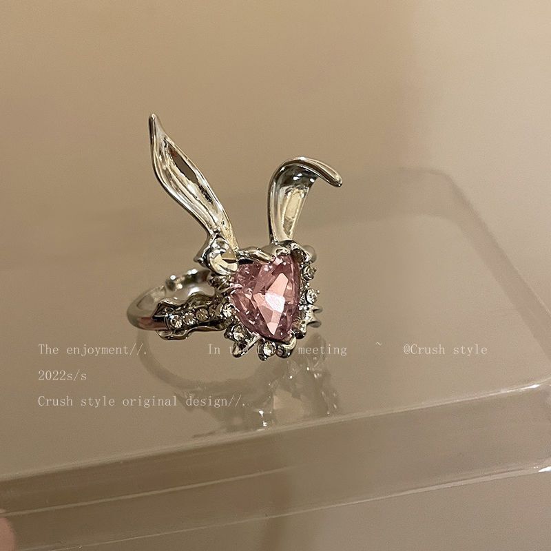 Anello regolabile con zircone aperto e coniglietto giocoso per donne, autunno e inverno, stile coreano, dolce e fresco, per indice_voghion.com
