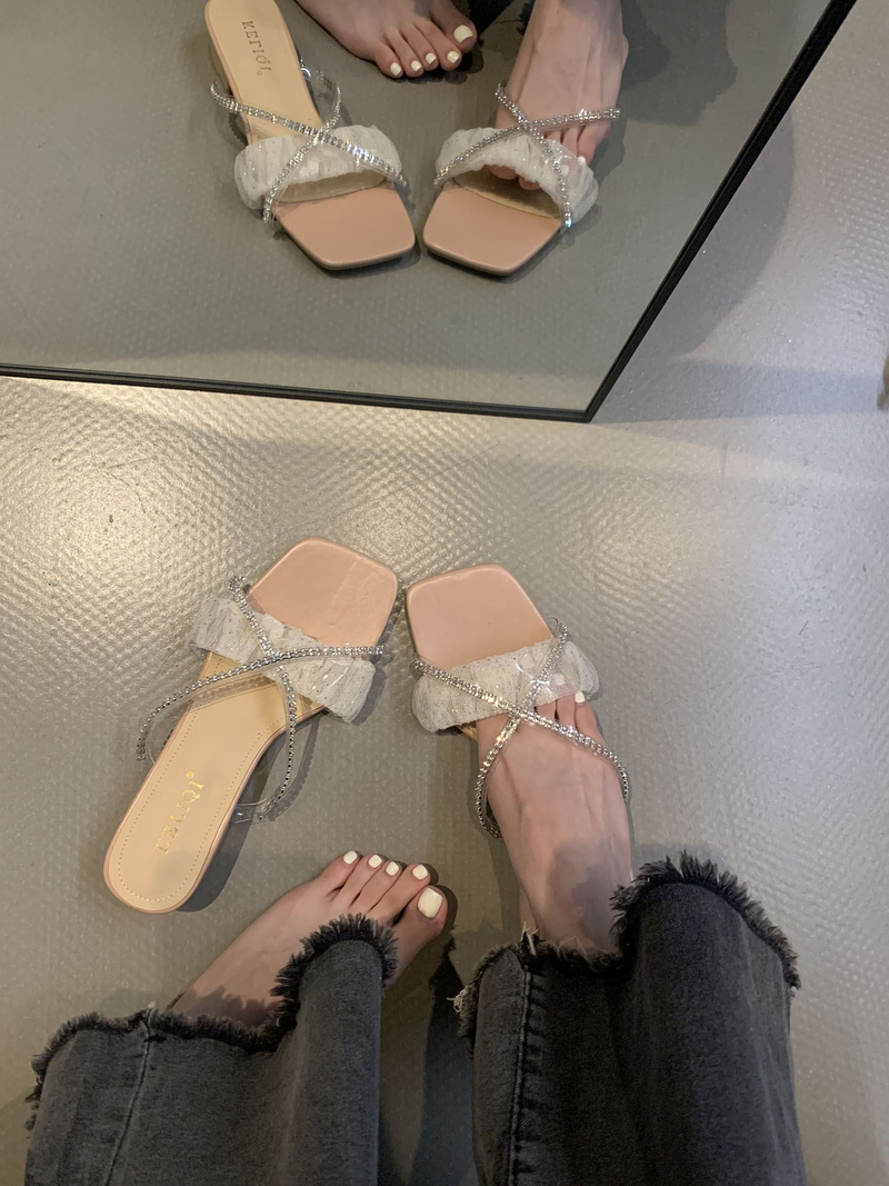 Sandálias prateadas com luz francesa, sandálias de salto alto com strass para uso ao ar livre, verão 2024, novos chinelos romanos_voghion.com