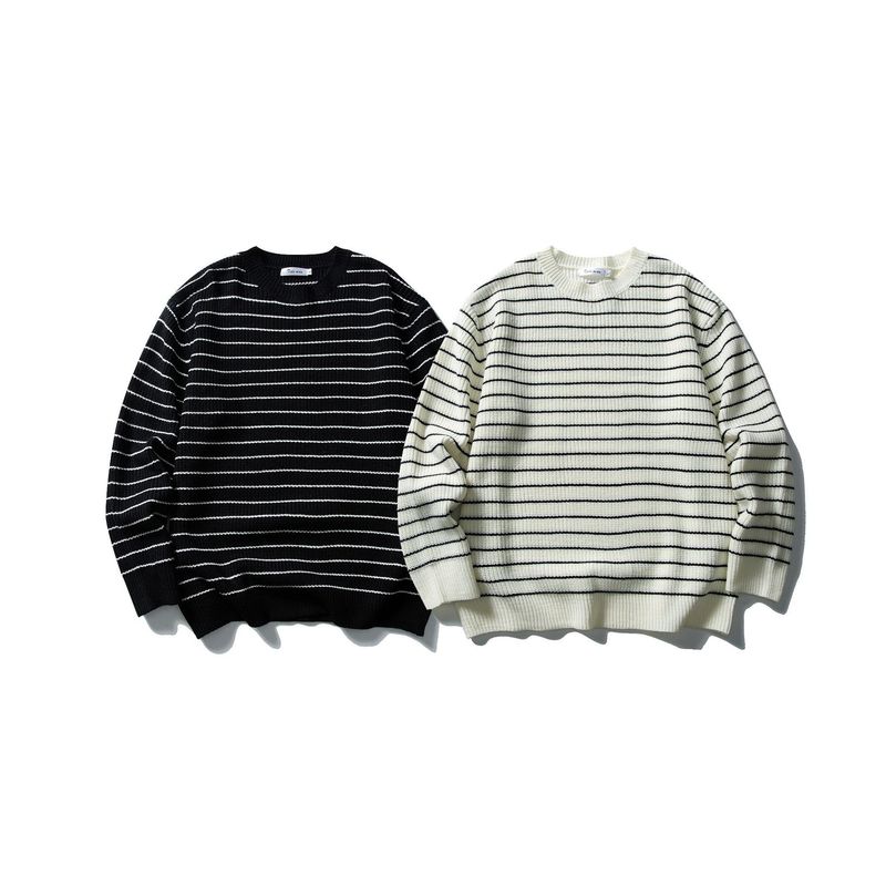 Konfuzianischer Mencius Schwarz-Weiß-gestreifter Pullover für Herren, lockerer Lazy-Style für Herbst und Winter, vielseitige, trendige Strickjacke_voghion.com