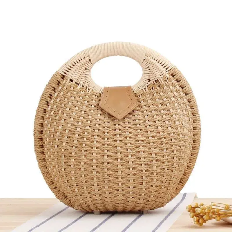 Borse in rattan: borsa rotonda con manico superiore in tessuto naturale intrecciato - borsa da spiaggia estiva bohémien, pochette alla moda_voghion.com