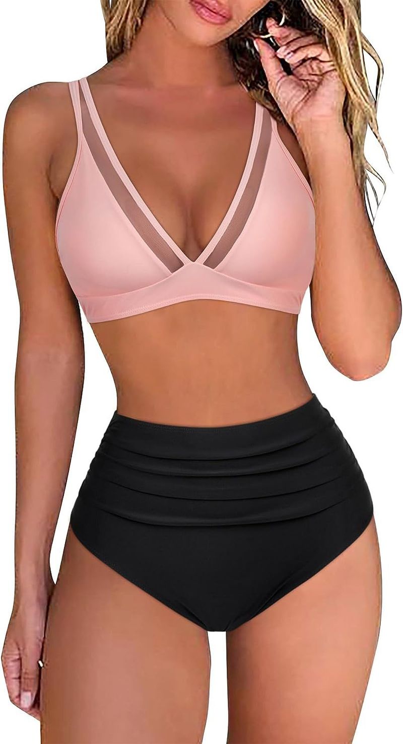 2024 Neuer Bikini mit hoher Taille und Netzstoff, sexy, offener Rücken, plissierter Badeanzug_voghion.com