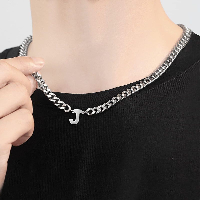 Collana con catena cubana in acciaio inossidabile con lettera inglese, versatile e alla moda, gioiello personalizzato da uomo._voghion.com