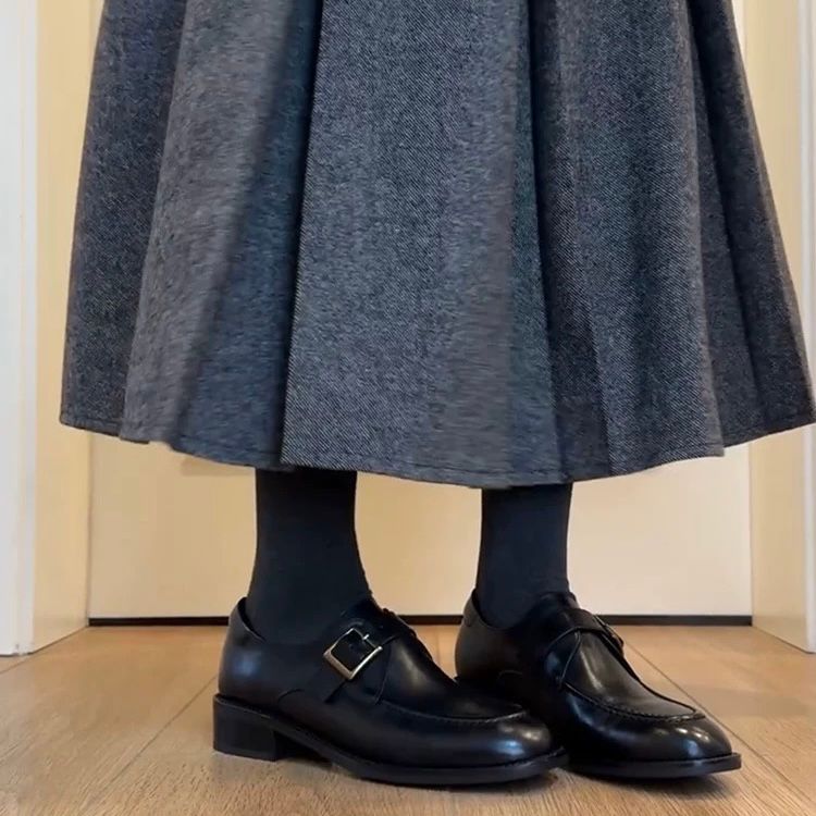 Sheepskin Version ~ Belt Buckle Slimming Chunky Heel Loafers Women Deep Mouth Black All-Match Single-Layer Genuine Round_voghion.com
