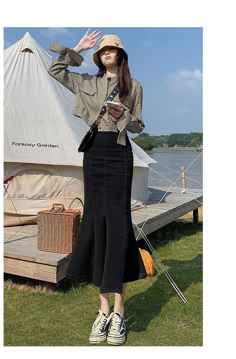 Fish tail half women's summer thin high waisted slit denim skirt, design sense, medium length elastic wrap around the_voghion.com