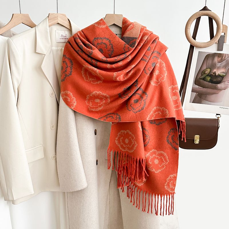 Elegant Camellia Fringe Shawl Scarf - Winter Warm Double-Layered Wrap With Stylish Floral Design, Soft & Cozy For Women_voghion.com