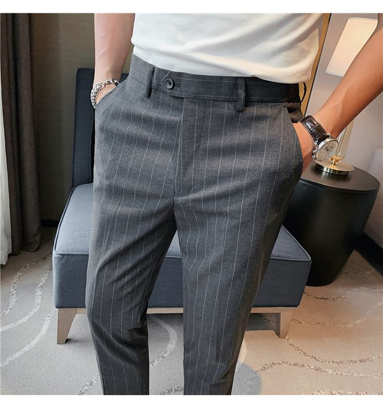 Summer thin men's slim-fitting trousers fashionable striped pants Korean version comfortable micro-elastic small foot_voghion.com