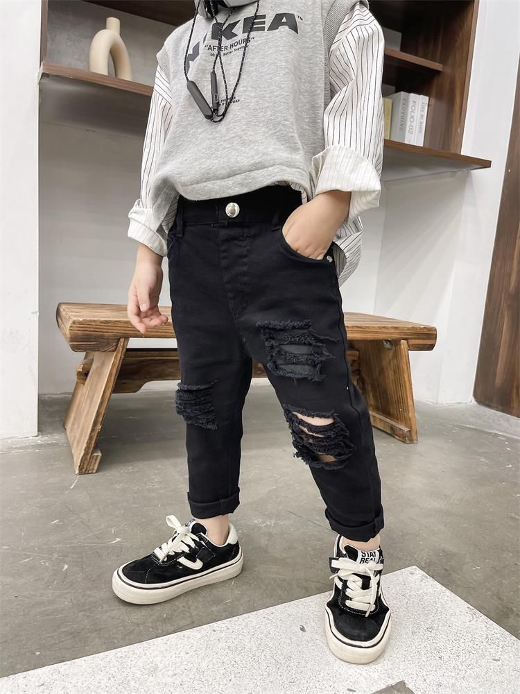 Kid's Clothing Children's pants new black and white trousers baby wear slim fit hole style trendy pants stretch cotton jeans_voghion.com