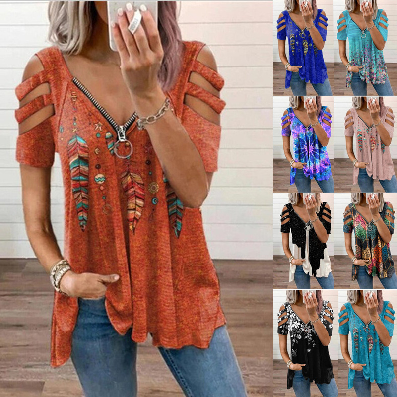 Nuova camicetta estiva da donna con spalle scoperte, stampa leopardata, cerniera, scollo a V, casual, ampia, primaverile, sexy, nuova camicetta da donna_voghion.com