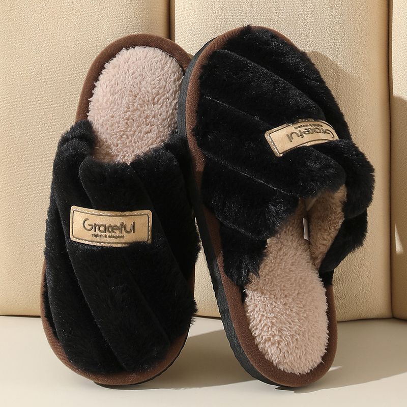 Pelzig für Damen, rutschfeste Hausschuhe für den Herbst und den Außenbereich, dicke Sohle, flauschige Hausschuhe für den Innenbereich, warme Baumwollpantoffeln für den Winter_voghion.com