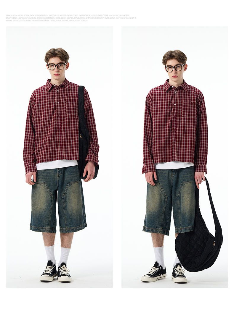 American Red Checkered Shirt Jacket For Men And Women, Spring Loose Casual Long Sleeved Versatile Top 1_voghion.com