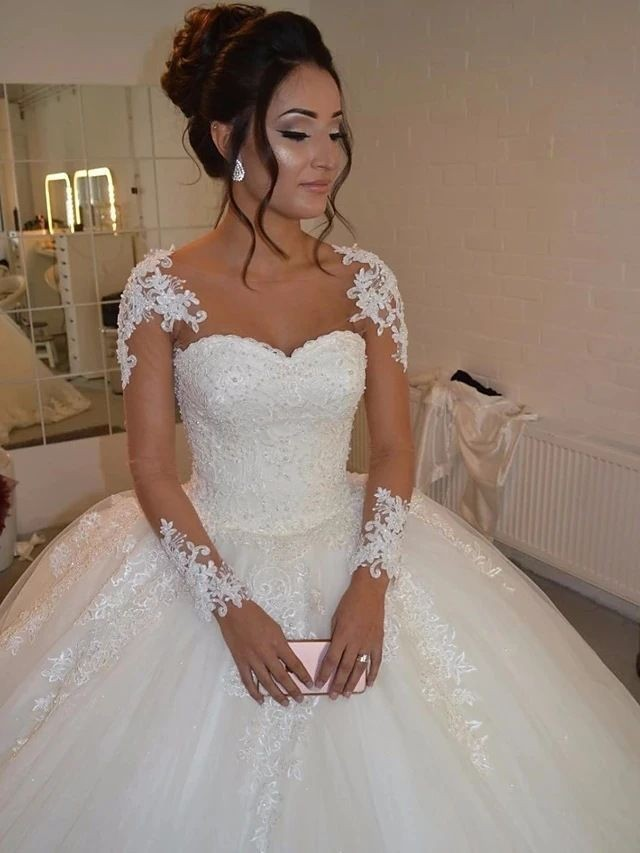 Damen-Brautkleid in Hautfarbe, Netzstoff, langärmelig, flache Stickerei, Spitze, Rundhalsausschnitt, ordentliches Hochzeits-Hochzeitskleid_voghion.com