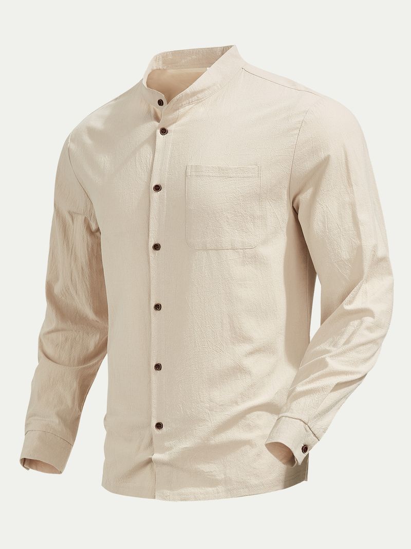 Camicia casual a maniche lunghe in lino traspirante con colletto alla coreana, stile hawaiano, da uomo_voghion.com