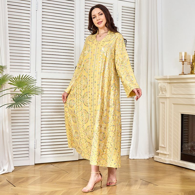 Robe musulmane pour femmes, vêtements d'usine, abayas à manches longues, jupe longue jaune à paillettes_voghion.com