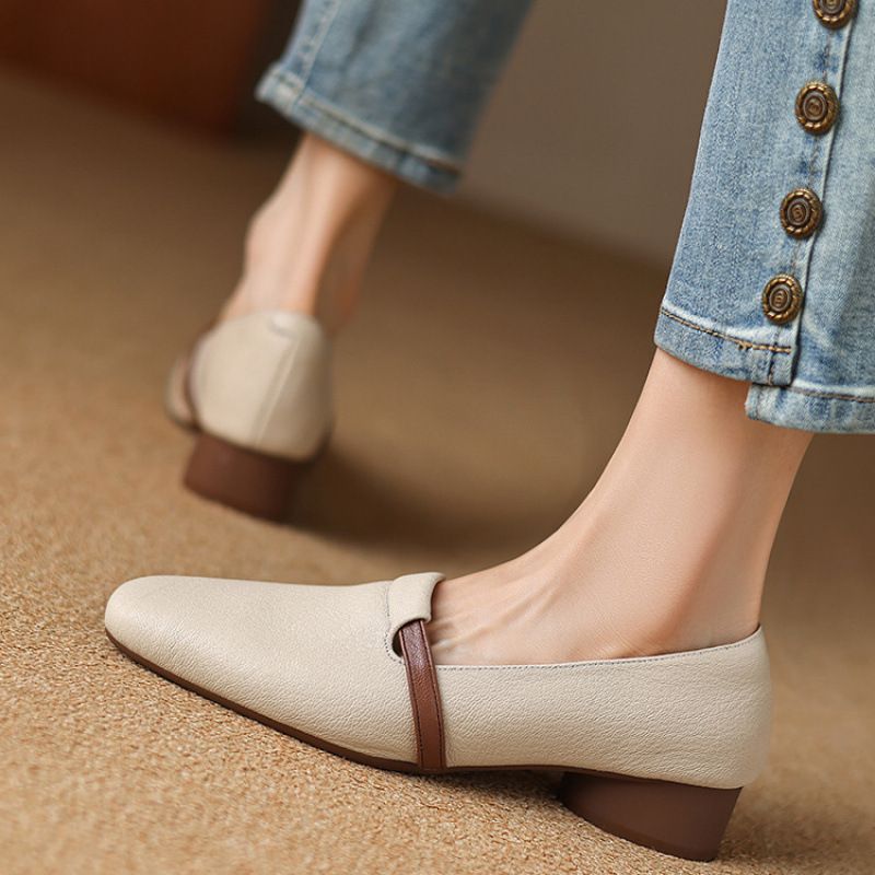 Sheepskin White Square Toe Loafers For Women Summer British Style Low Heel Single Shoes Soft Sole_voghion.com