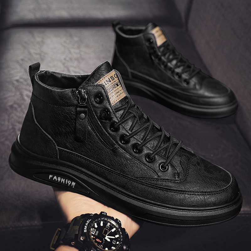 High Spring British Style Casual Leather Men's Black Mid Top Board Shoes, Summer Waterproof Martin Boots, Trendy_voghion.com