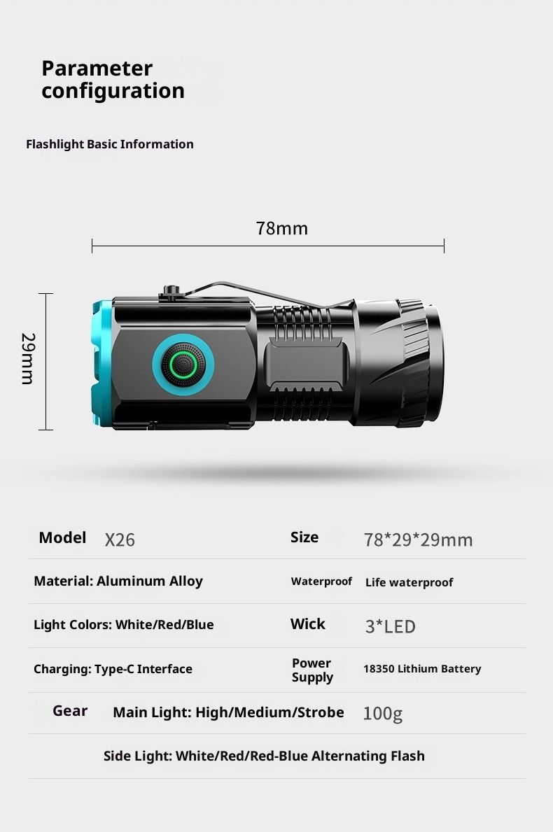 Drei-Augen-Taschenlampe für den Außenbereich, Aluminiumlegierung, magnetischer Kappenclip, kleine Stahlkanone, multifunktional, Typ C, tragbar, grenzüberschreitend, neues Modell_voghion.com