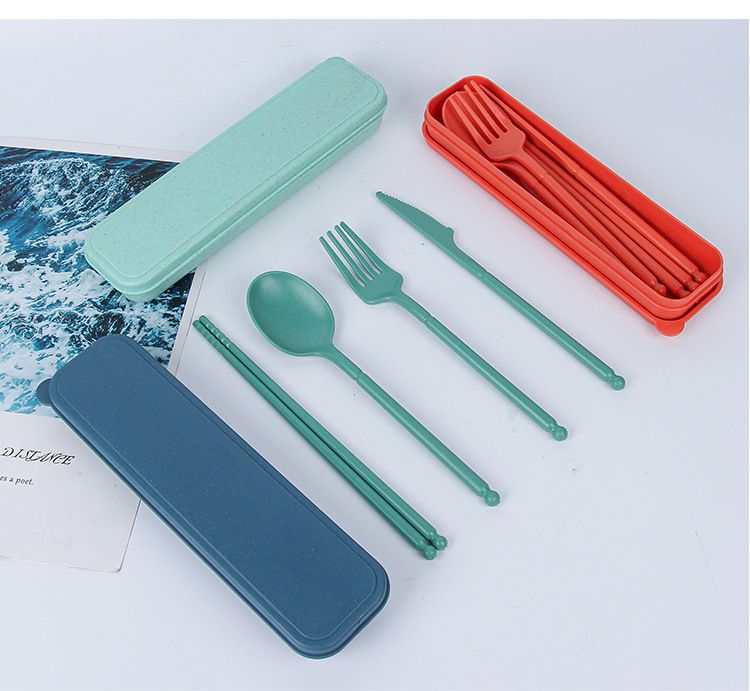 Umweltfreundliches Besteckset aus Weizenstroh, 4-teilig, tragbare Utensilien, Gabel, Löffel, Essstäbchen, Messer, BPA-frei, für unterwegs und zu Hause_voghion.com