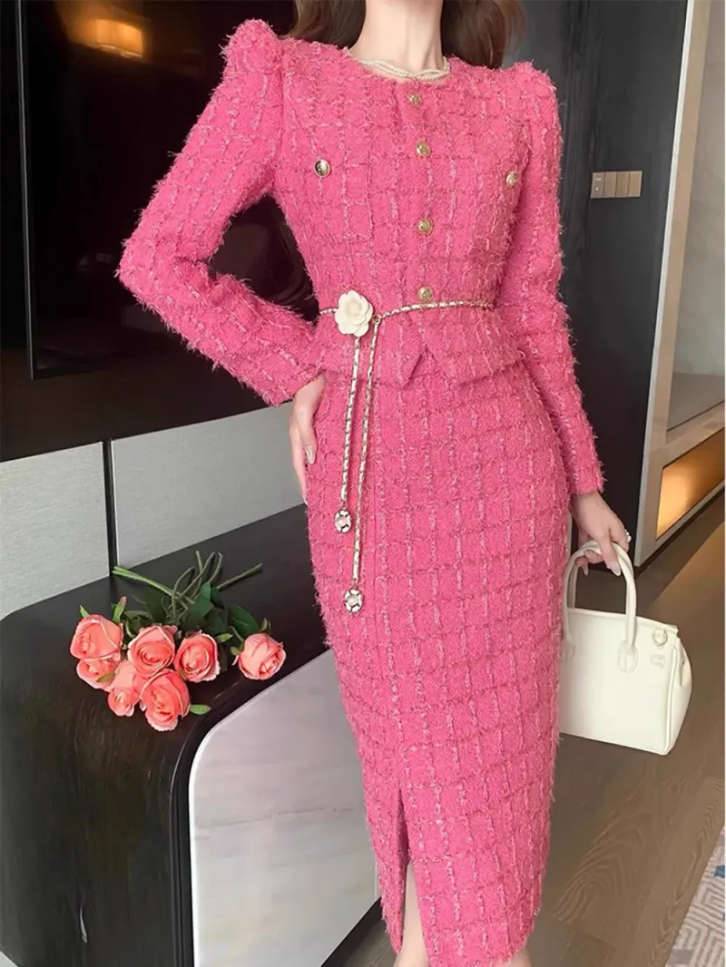 Two Piece Dress Modphy Autumn Fashion Rose Red Woolen Set Women Golden Button Chain Belt Tweed Short Jacket Coat Split_voghion.com