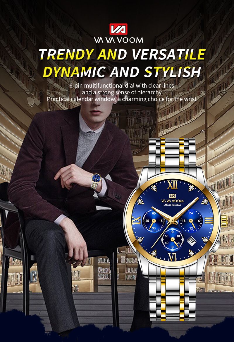 VA VOOM Brand New 2712 Steel Strip Blue Face Fashionable Business Waterproof Watch_voghion.com