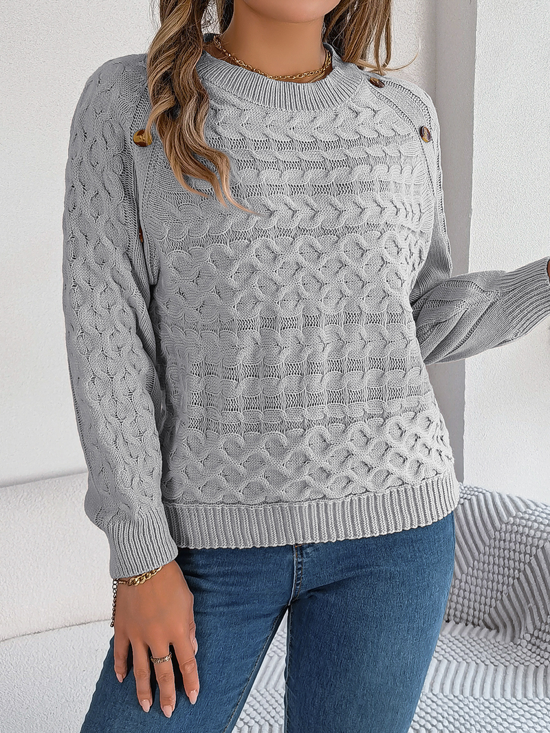 Maglione pullover con maniche a lanterna e bottoni in maglia a trecce tinta unita autunno inverno 2024, moda donna_voghion.com